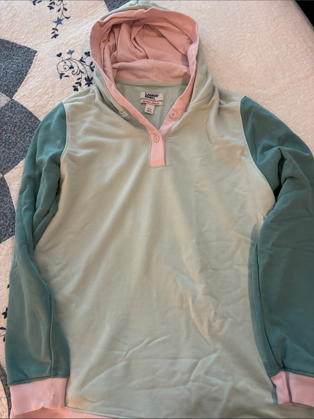 Lands' End Colorblock Hooded Pullover — Mint, Teal & Dusty Pink